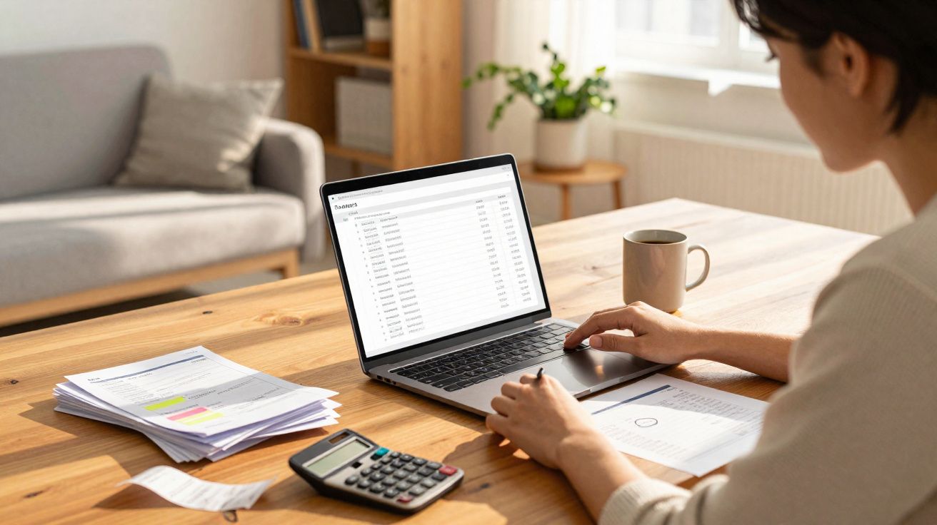 Pessoa a trabalhar num computador portátil com documentos e calculadora numa mesa de madeira numa sala iluminada.