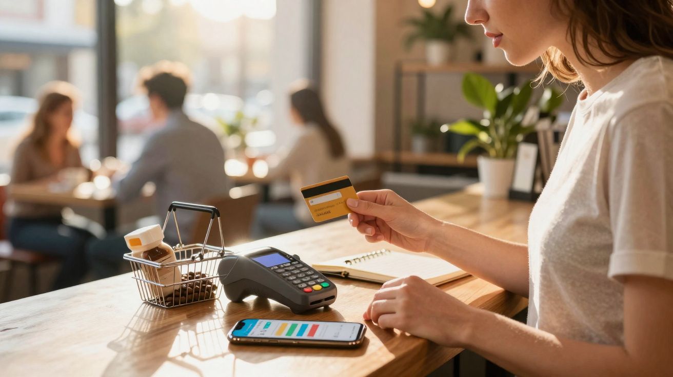 Mulher a pagar com cartão num terminal de pagamento num café, com smartphone sobre a mesa.