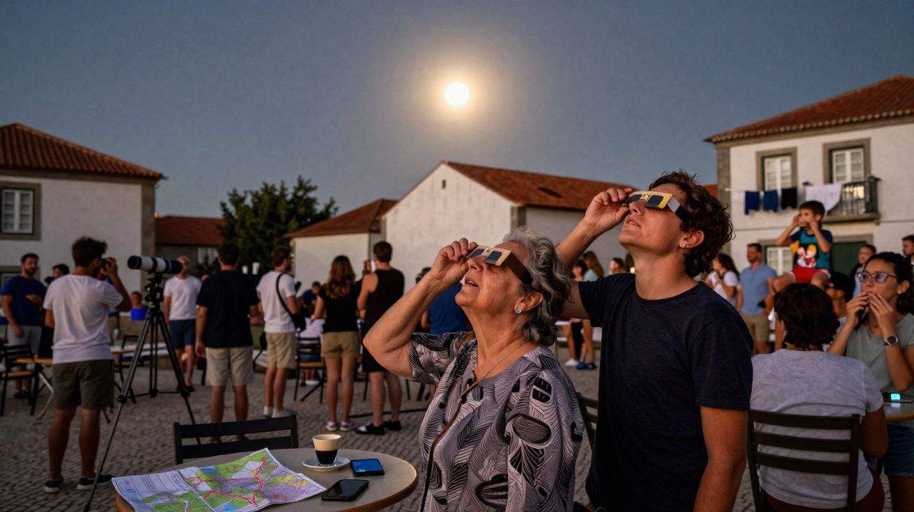 Pessoas a observar o eclipse solar usando óculos especiais numa praça com casas ao fundo ao anoitecer.