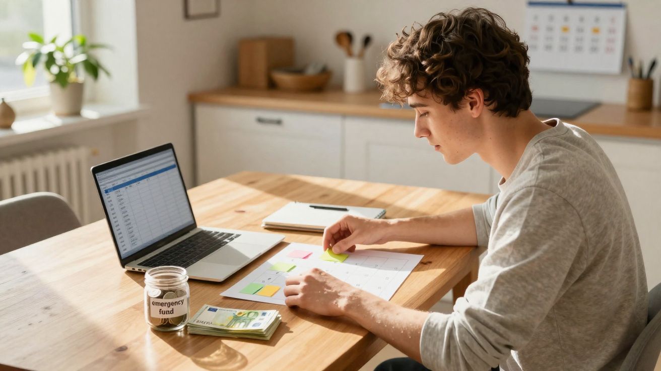 Jovem a organizar notas e planeamento financeiro à mesa com portátil e dinheiro em casa.