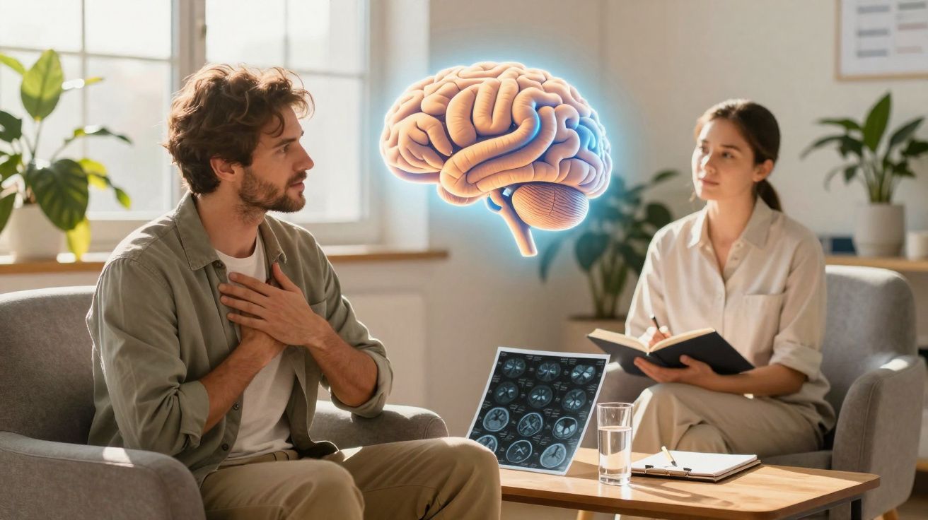 Homem em sessão de terapia com psicóloga, imagem holográfica de cérebro e exames neurológicos sobre a mesa.