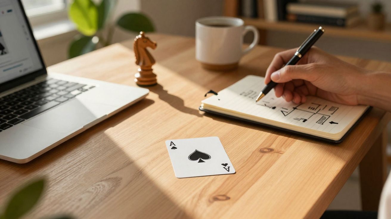 Mesa de madeira com notações manuscritas, carta de ás de espadas, peão de xadrez e portátil ao fundo.