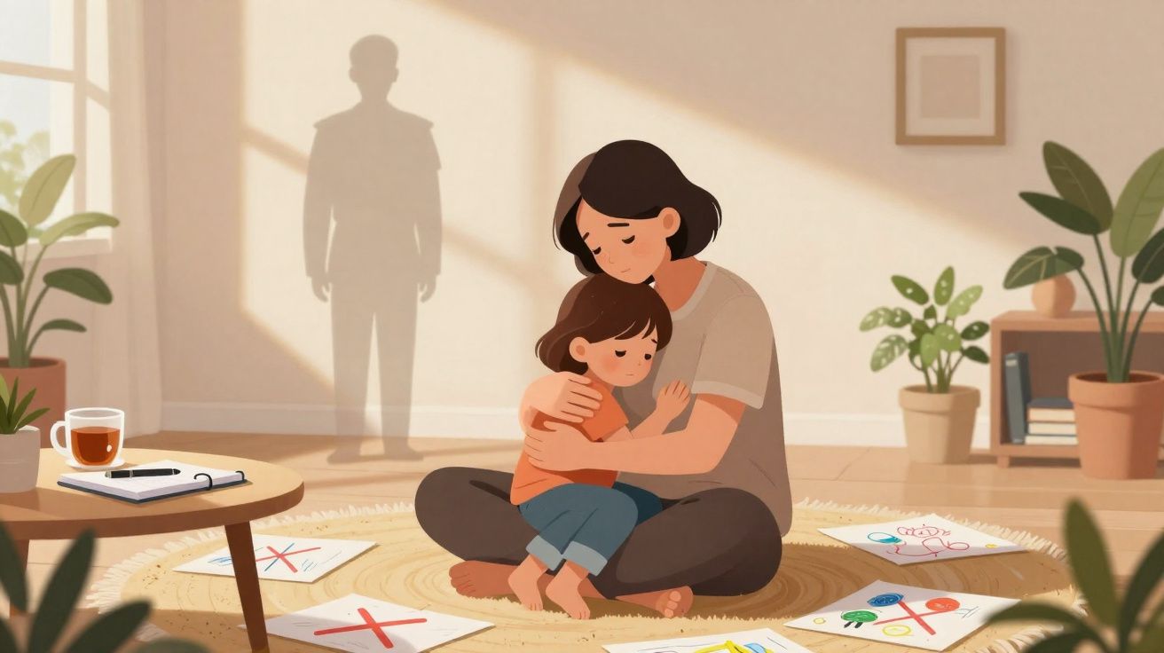 Mulher abraça criança sentados no chão rodeados de desenhos riscados, sombra de figura masculina na parede.