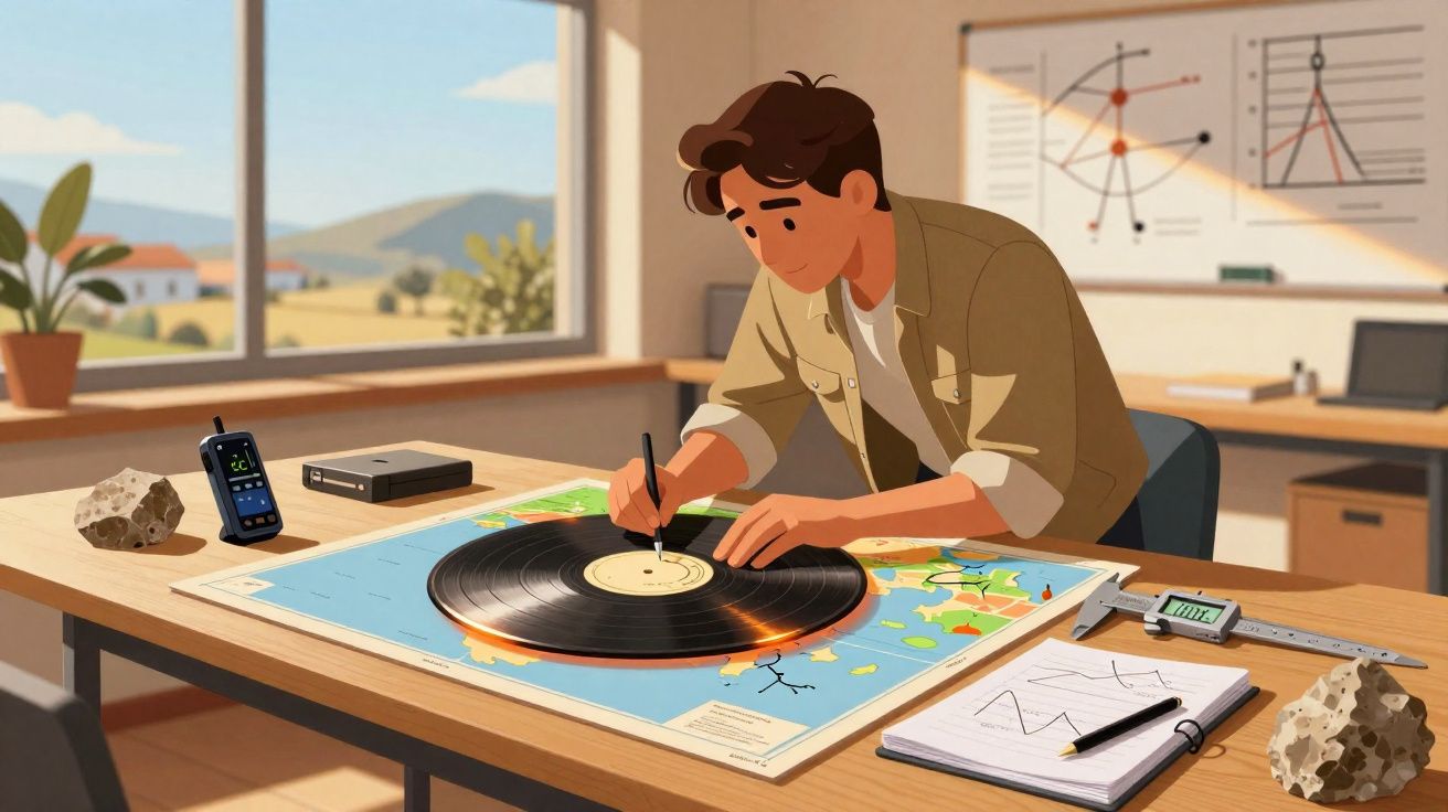 Homem desenha num disco de vinil sobre uma mesa com mapas e instrumentos de medição numa sala iluminada.