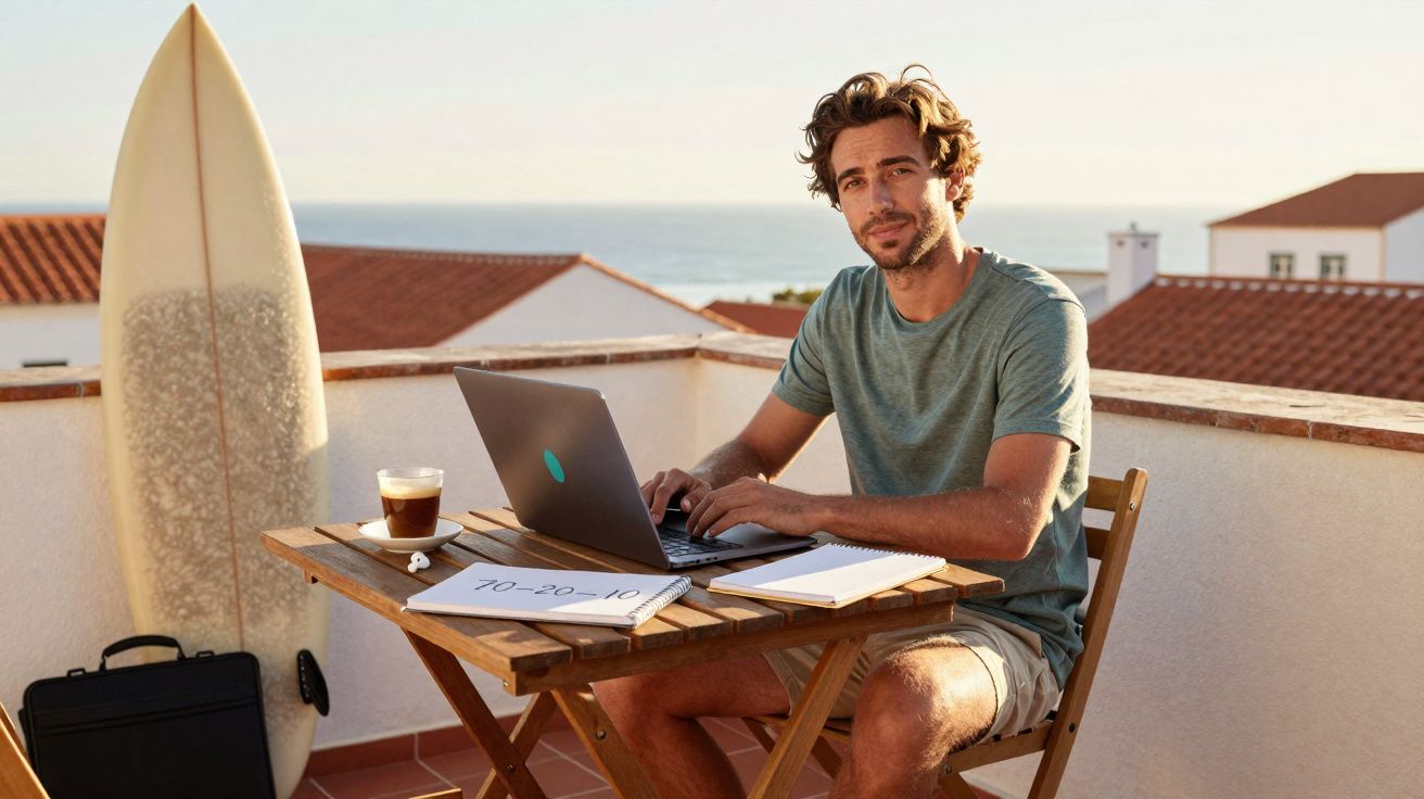 Homem sentado numa varanda com prancha de surf, a trabalhar num portátil, com notas e café à mesa.