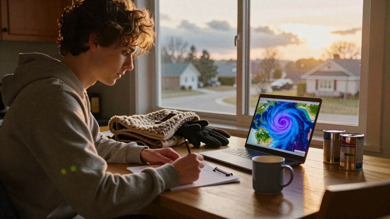 Jovem a tomar notas junto a janela com laptop aberto, mostrando imagem de furacão e chávena na mesa.