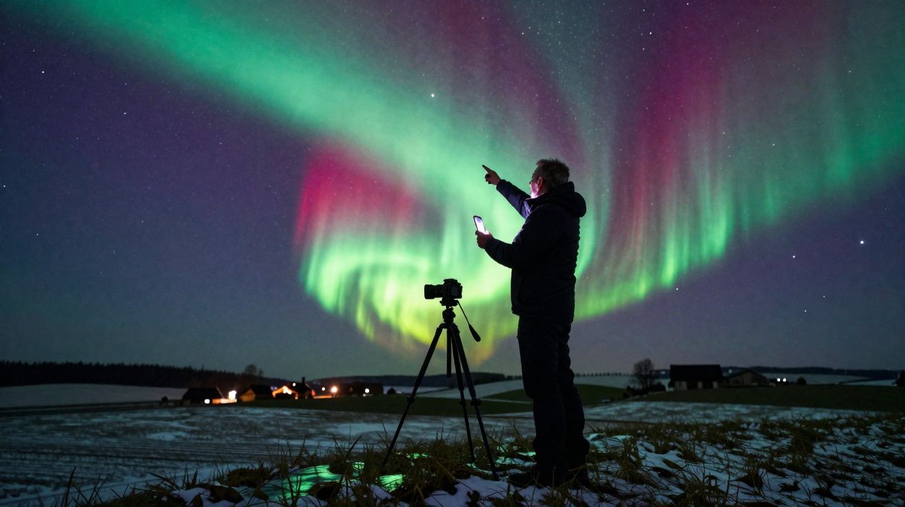 Pessoa de pé numa paisagem nevada, apontando para uma aurora boreal verde e rosa no céu noturno estrelado.
