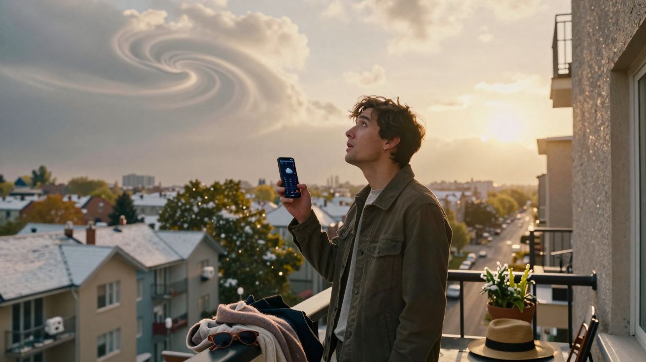 Homem numa varanda observa um fenómeno meteorológico em espiral no céu ao pôr do sol numa zona residencial.