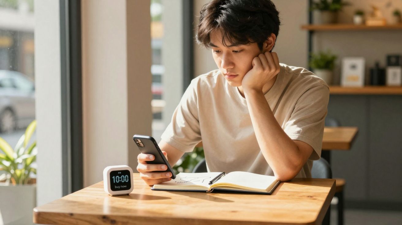 Jovem sentado numa mesa com agenda aberta, a olhar para o telemóvel, com mini relógio digital à sua frente.