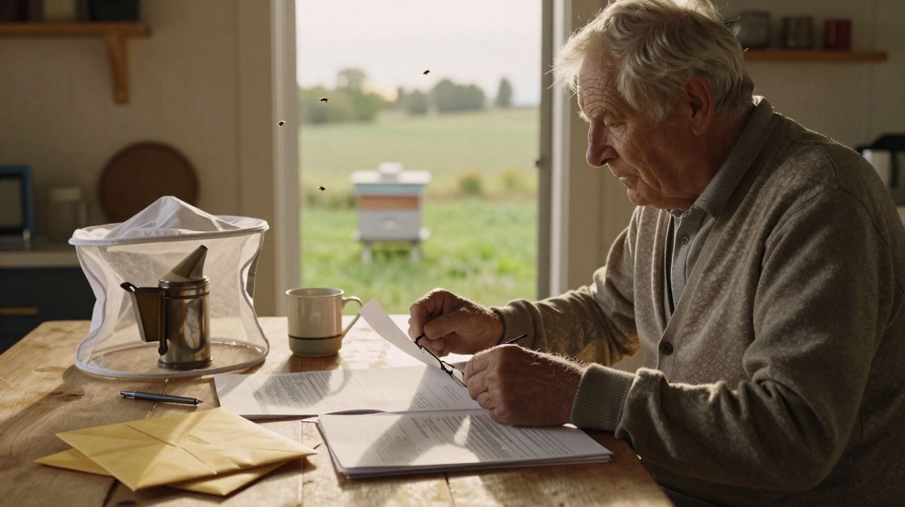 Idoso a analisar documentos numa mesa, com equipamento de apicultura e colmeia ao fundo no campo.
