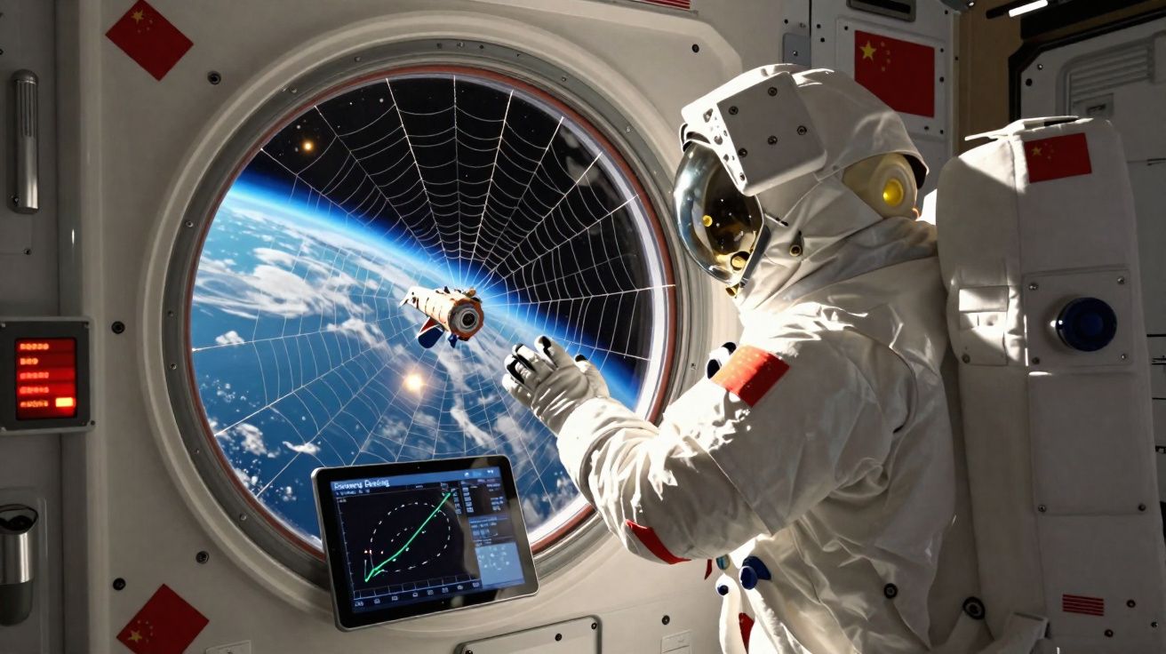 Astronauta chinês dentro de estação espacial observa satélite preso numa teia de aranha no espaço.
