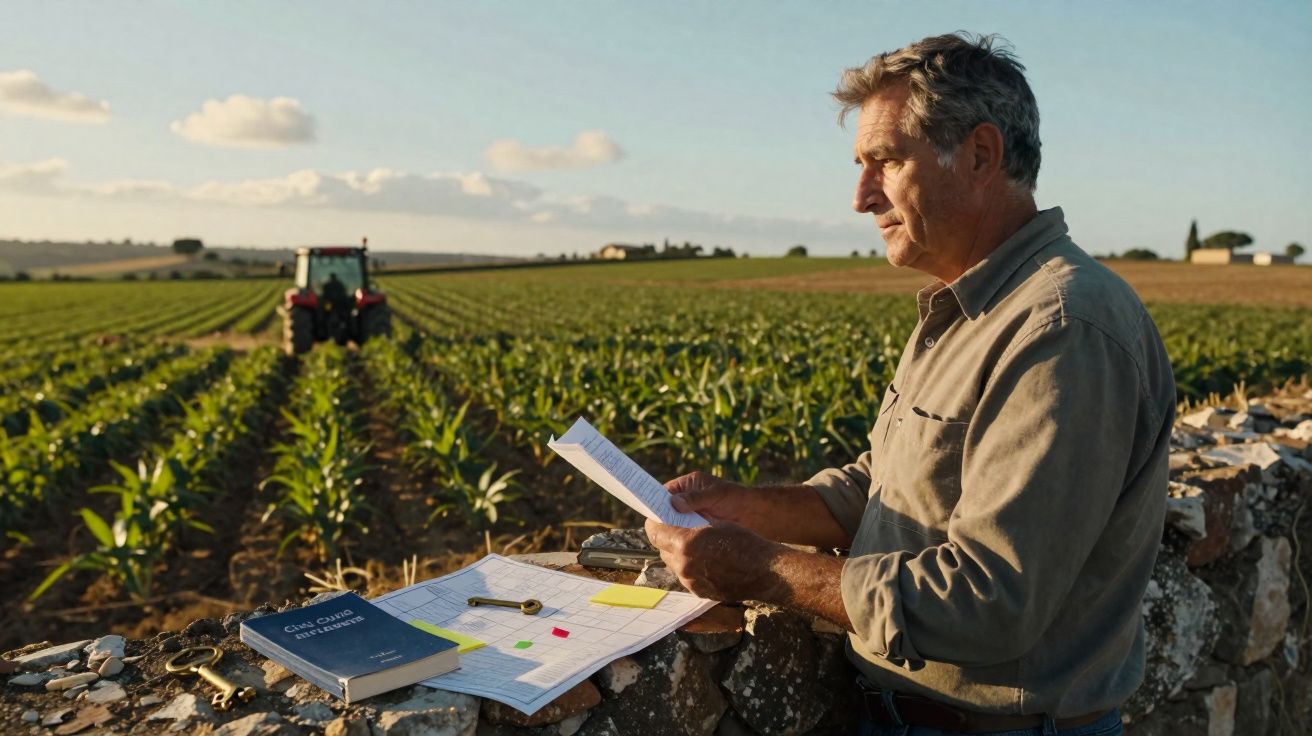 Homem na quinta a analisar documentos com campo de milho e trator ao fundo ao pôr do sol.