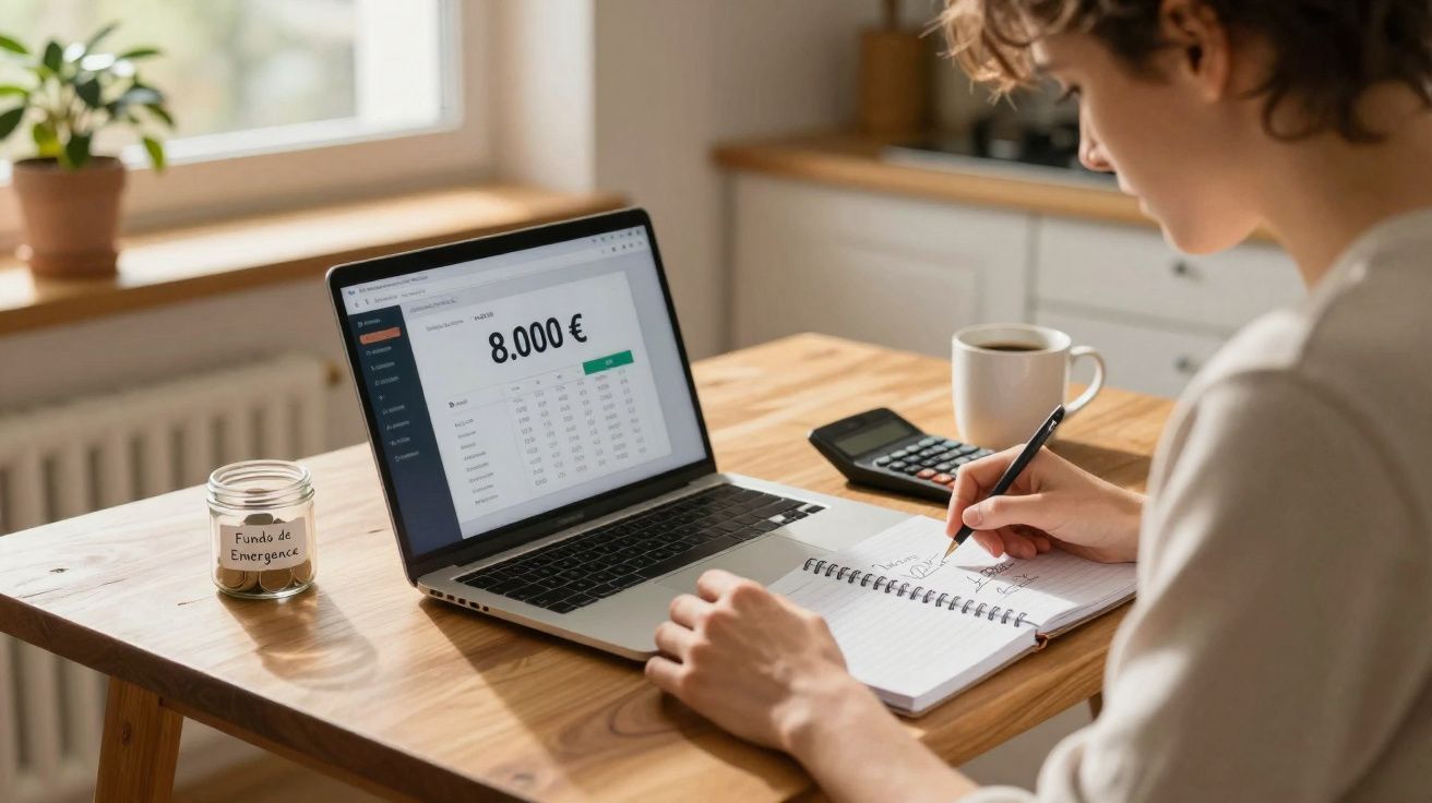 Pessoa a calcular orçamento com computador portátil, caderno, calculadora e frasco com rótulo "Fundo de Emergência".