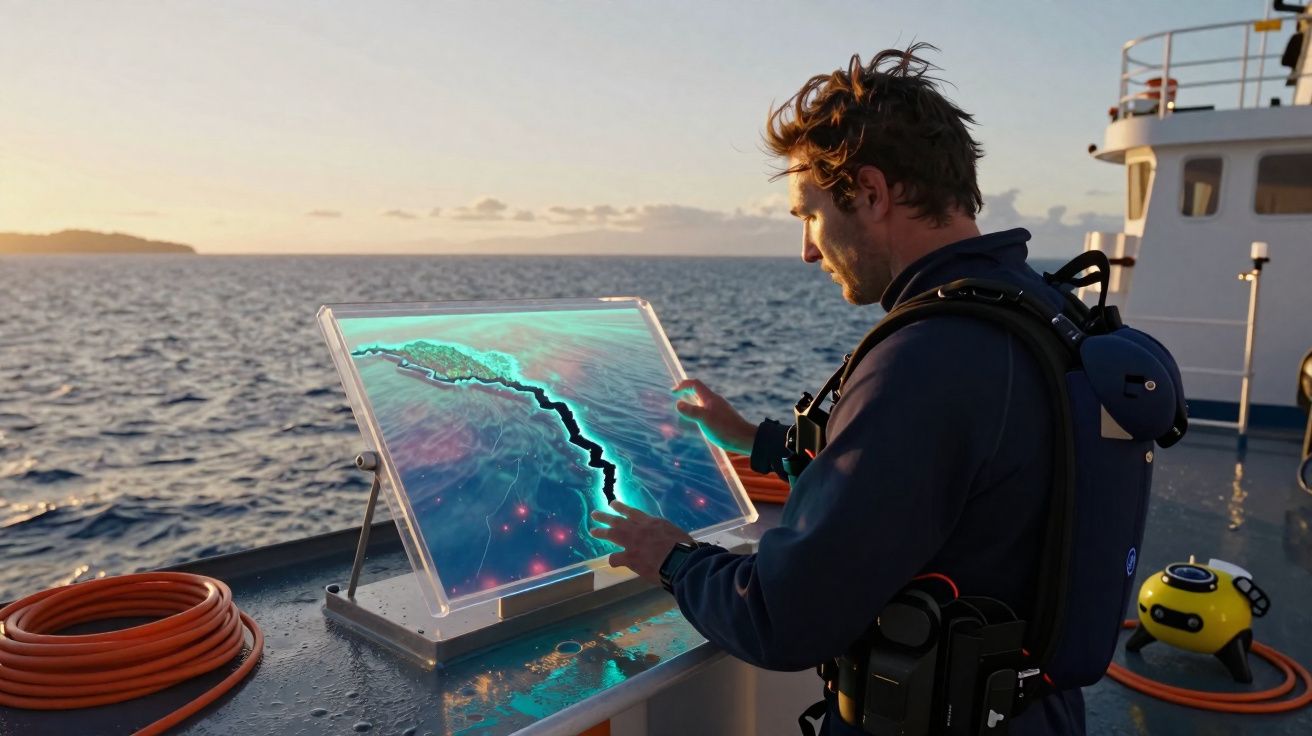 Homem com equipamento de mergulho analisa mapa digital do fundo do mar numa embarcação ao pôr do sol.