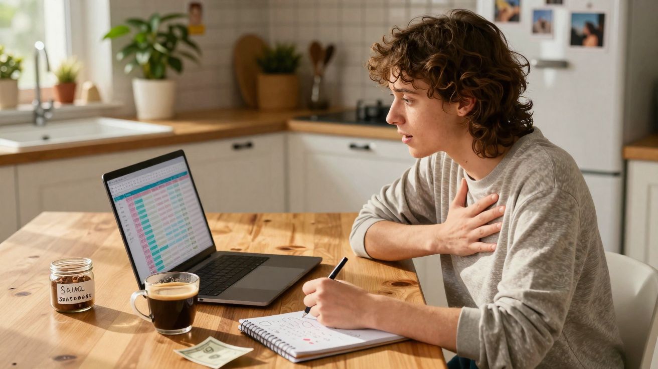 Jovem sentado à mesa com computador e caderno, a tocar o peito, aparentando desconforto.