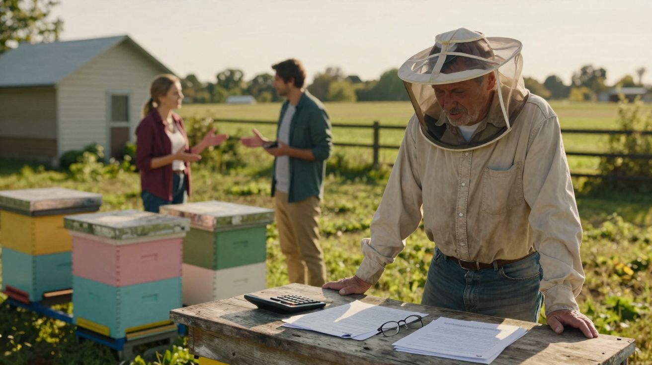 Apicultor a analisar documentos numa mesa ao ar livre, com colmeias e duas pessoas ao fundo.