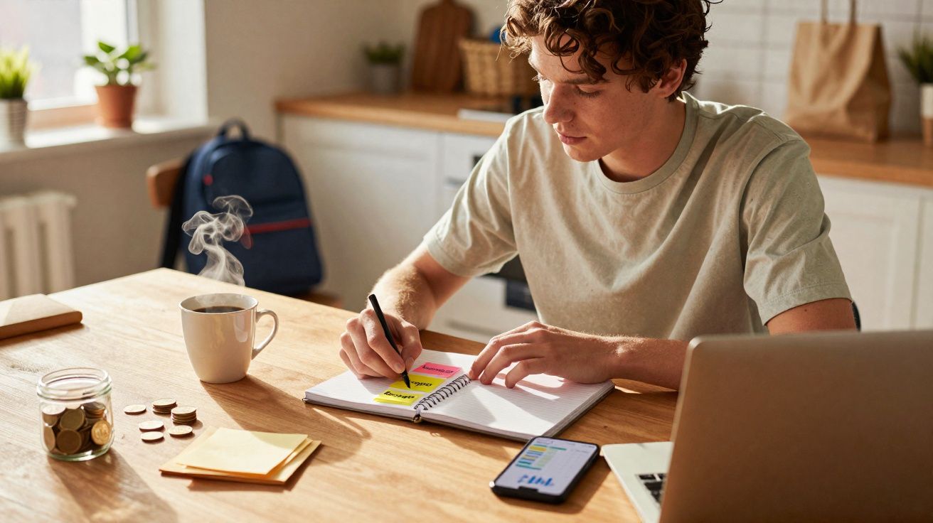 Jovem a escrever num caderno com notas coloridas, rodeado por café, moedas e dispositivos eletrónicos numa mesa.