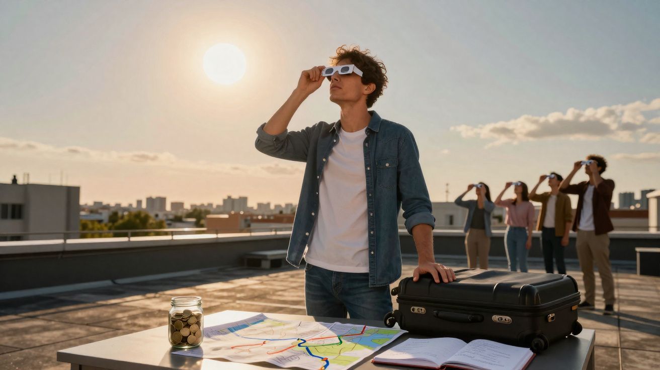 Jovens num terraço a observar um eclipse solar com óculos de proteção, com mapa e mala numa mesa.