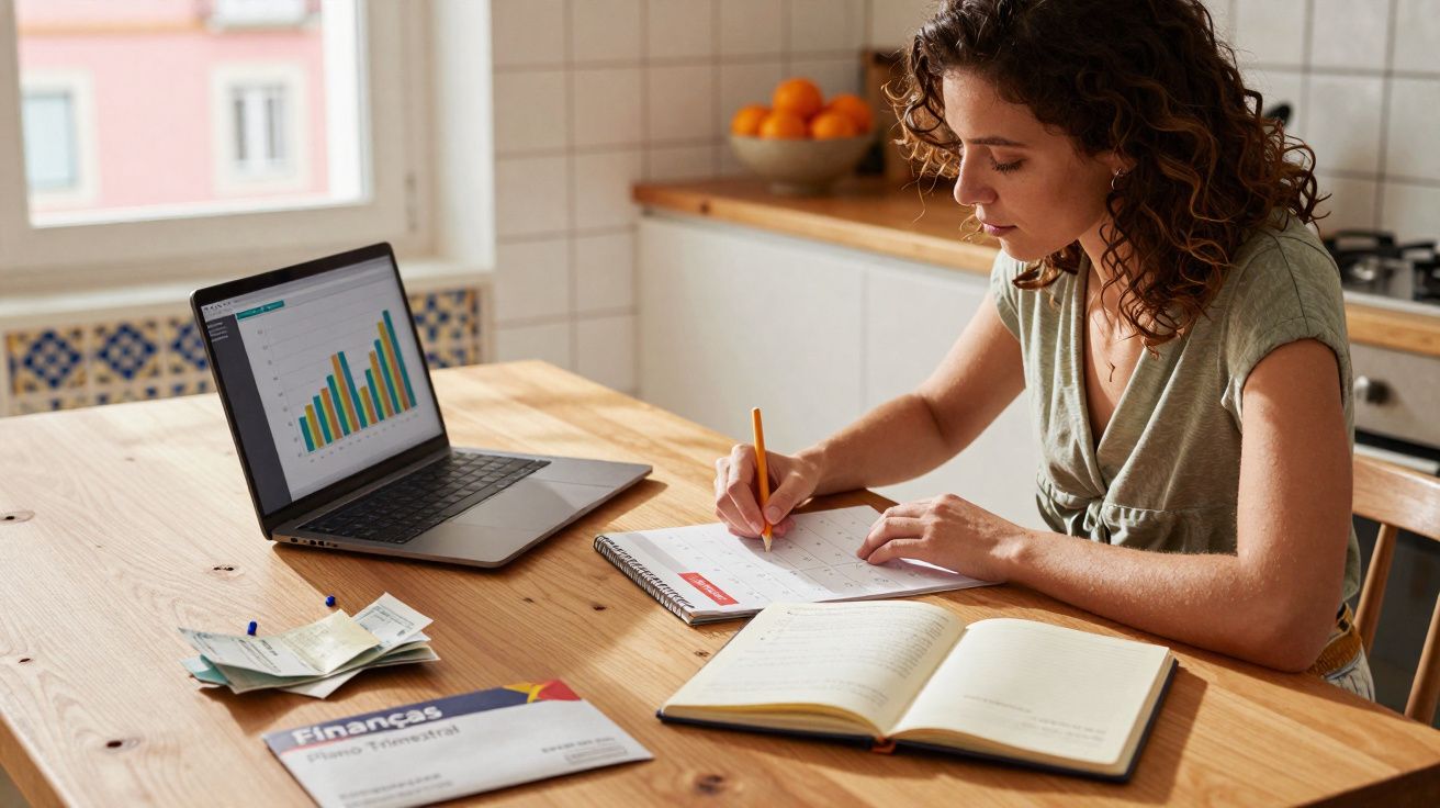 Mulher a trabalhar em casa, a escrever num calendário, com laptop e documentos financeiros numa mesa de madeira.