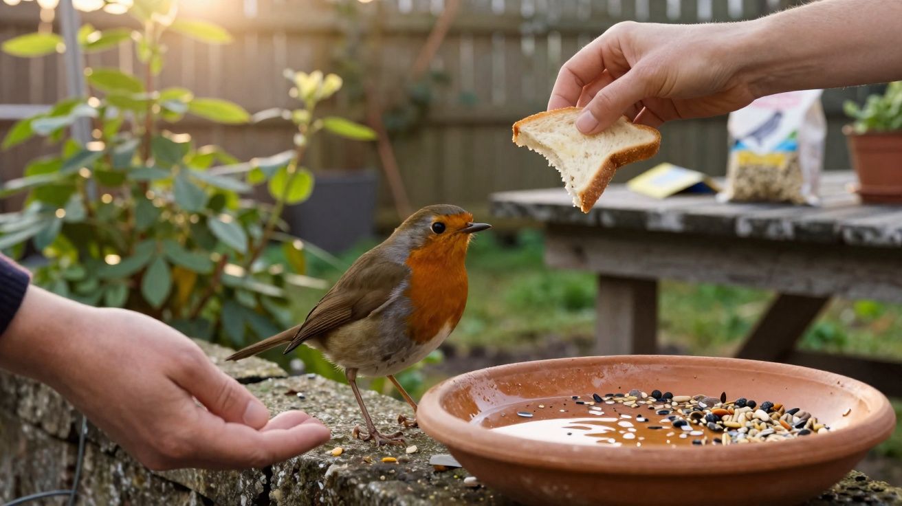 Pássaro com peito vermelho sendo alimentado com pão por duas mãos num jardim com plantas.