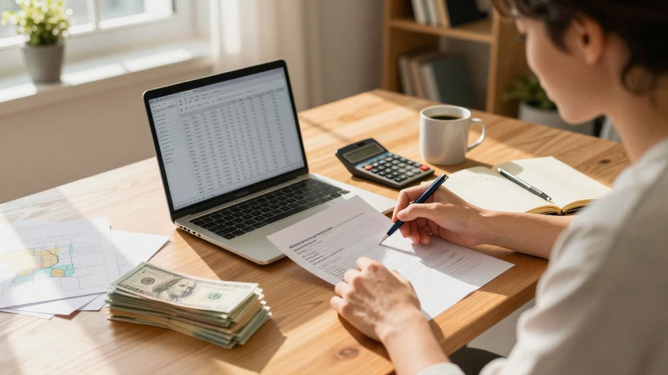 Pessoa a preencher documento numa secretária com computador, calculadora, caderno, dinheiro e café.