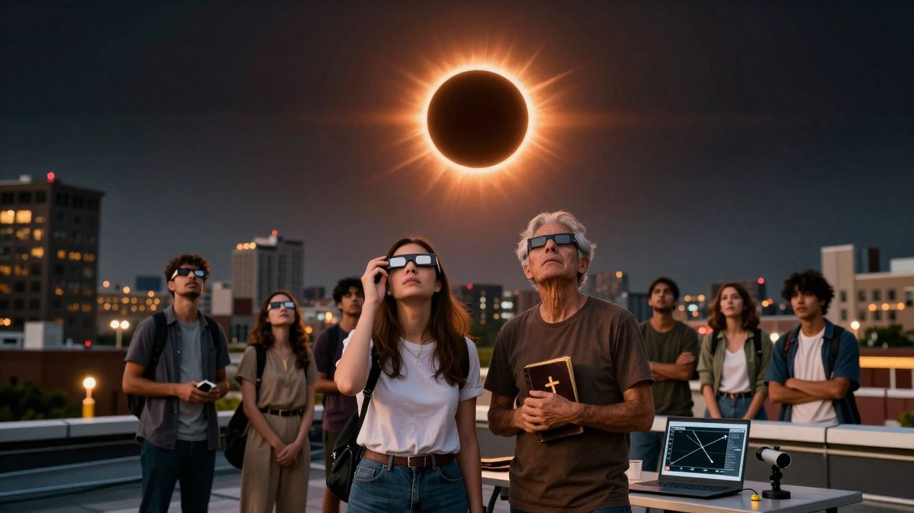 Grupo de pessoas com óculos especiais observando eclipse solar numa cidade ao entardecer.