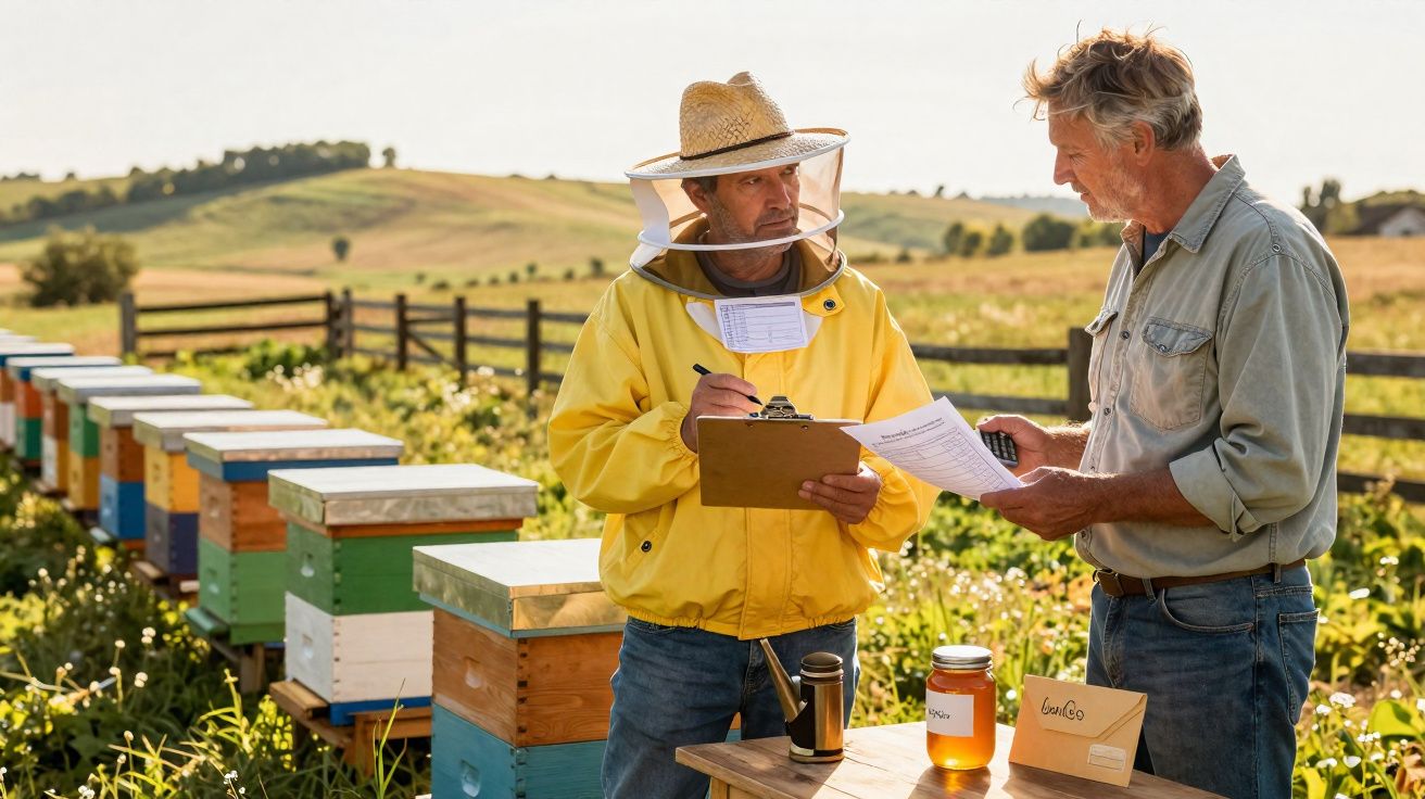Dois apicultores com equipamentos a inspecionar documentação junto a colmeias coloridas em campo ensolarado.