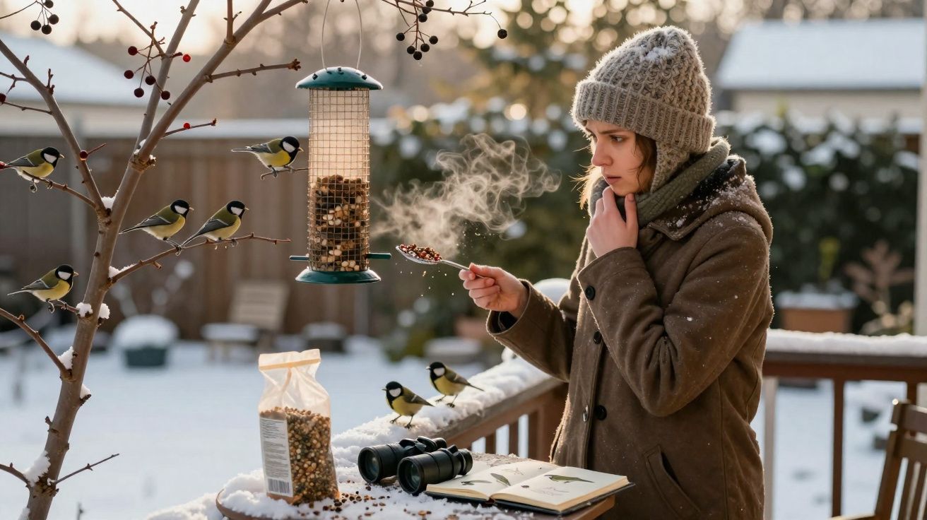 Jovem de gorro e casaco alimenta pássaros num inverno nevado com batedor de sementes no jardim.