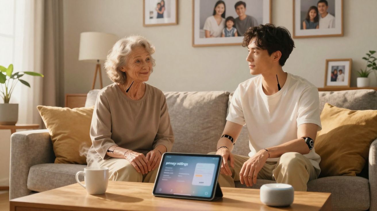 Pessoa idosa e jovem sentados no sofá com dispositivos eletrónicos e ecrã digital numa sala acolhedora.