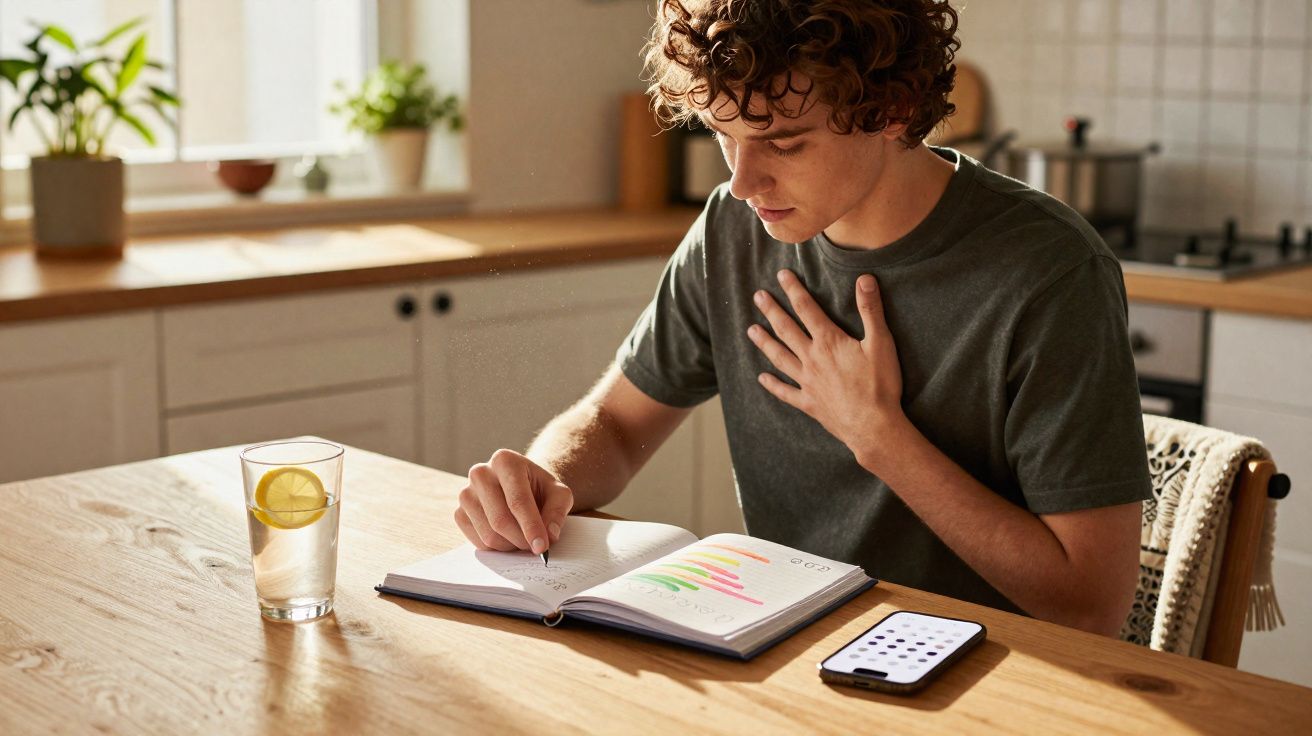 Jovem sentado à mesa com um caderno aberto a escrever, copo de água com limão e telemóvel à sua frente.