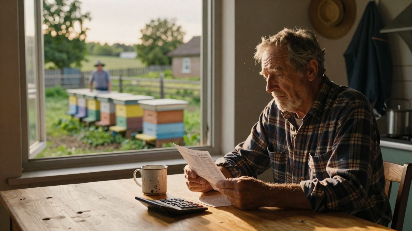 Idoso sentado à mesa a ler documentos, com jarro e calculadora, com colmeias e outra pessoa ao fundo, vista da janela.