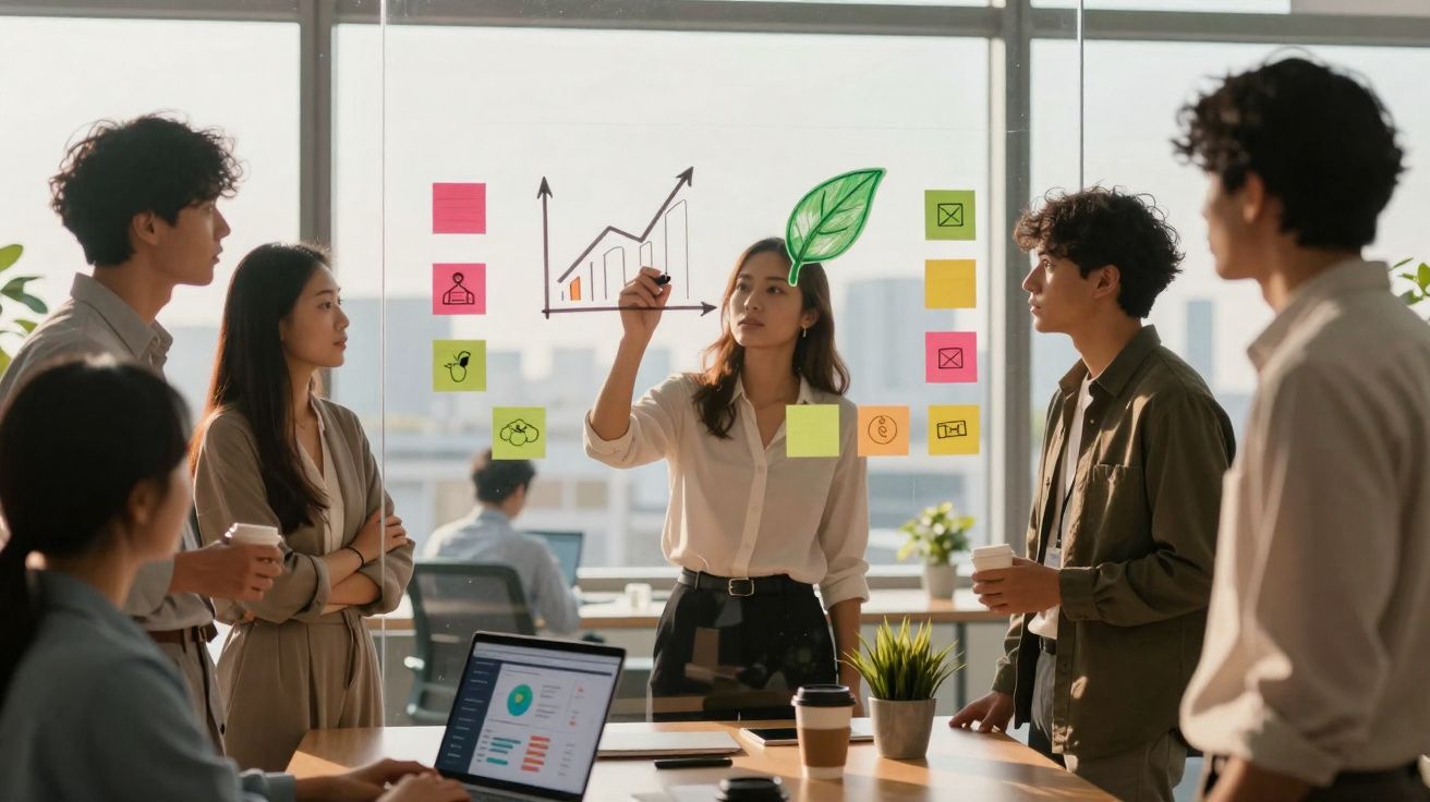 Equipa multicultural em reunião no escritório com gráficos e notas coloridas numa parede de vidro transparente.