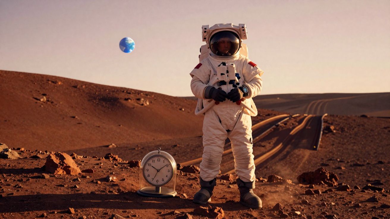 Astronauta em fato espacial branco em terreno árido vermelho com relógio grande e terra ao fundo.