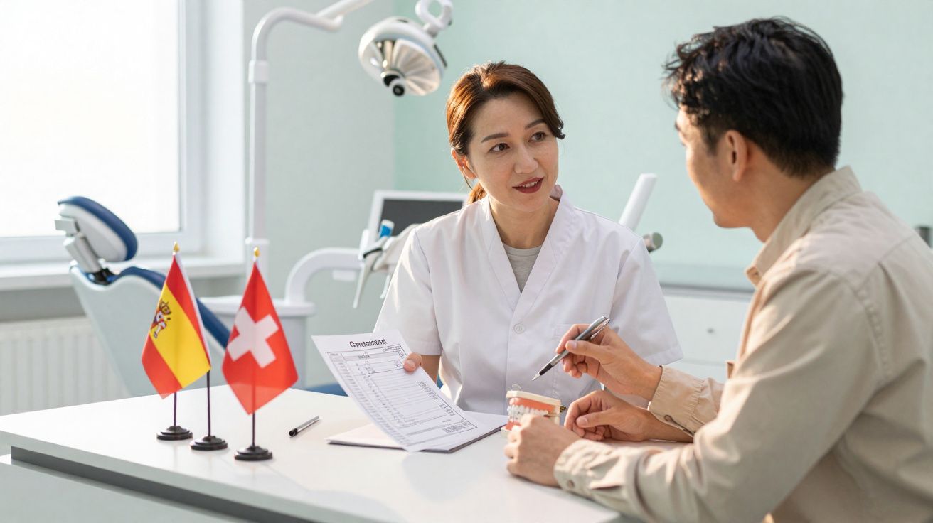 Dentista feminina a explicar resultados a paciente masculino numa clínica com bandeiras da Espanha e Suíça na secretária.