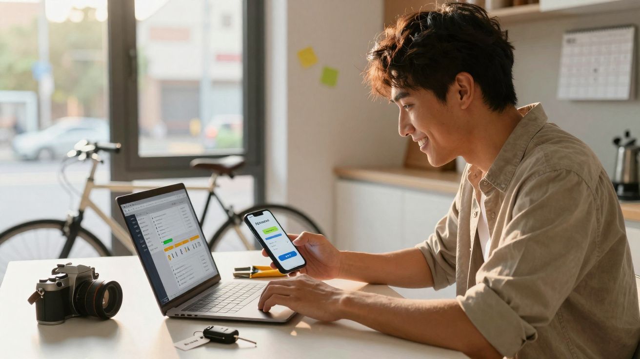 Homem jovem a trabalhar em portátil e telemóvel numa cozinha com bicicleta ao fundo e câmara na mesa.