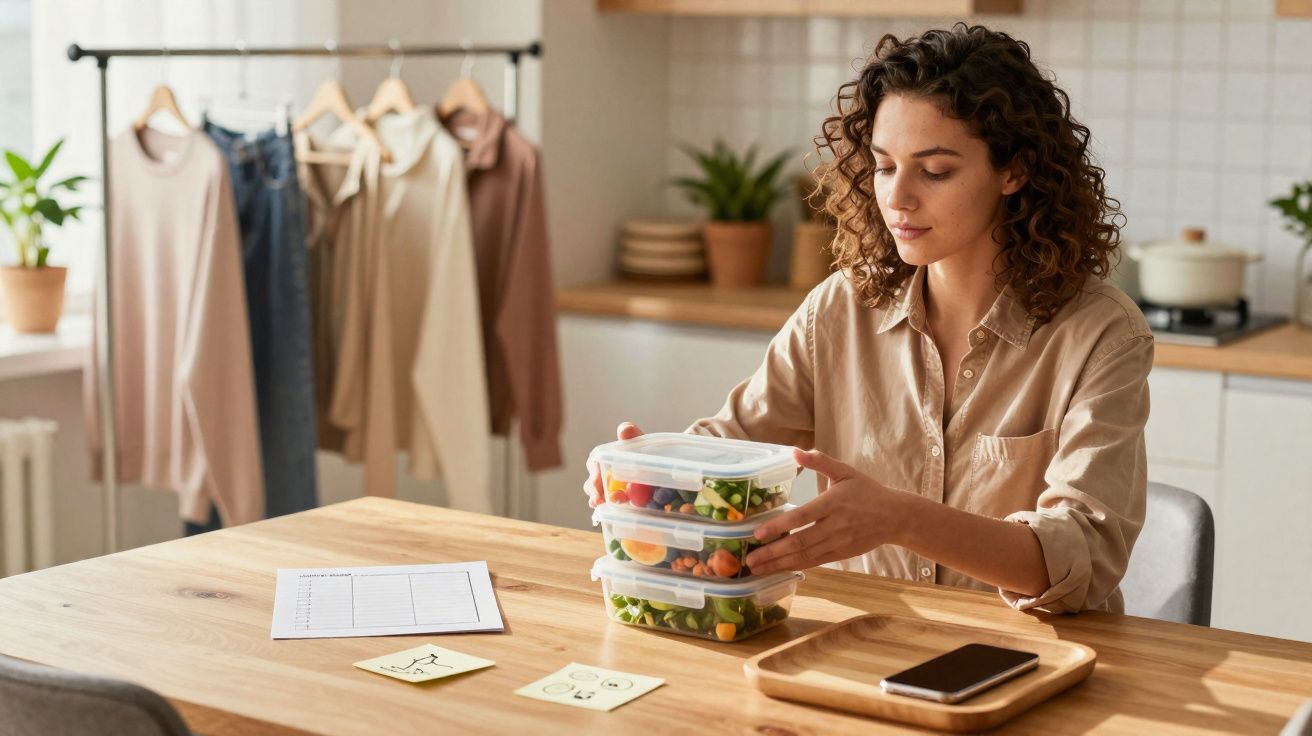 Mulher empilha recipientes com saladas numa cozinha moderna e iluminada.