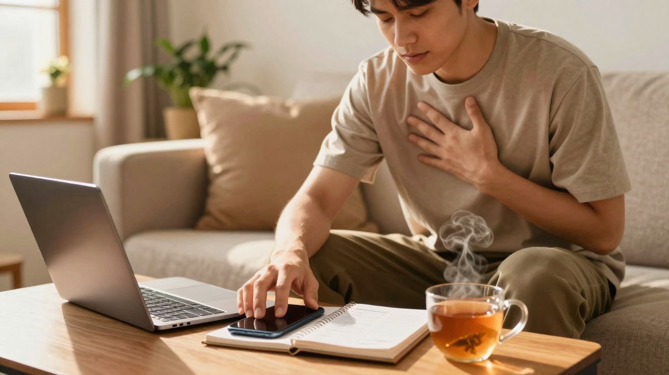 Pessoa sentada no sofá com mão no peito, a tocar no telemóvel, com chá quente e computador à frente.