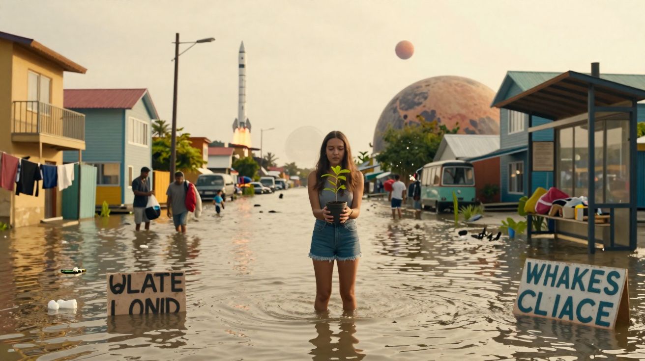 Rapariga com planta nas mãos numa rua alagada, com casas e objetos flutuantes ao fundo.