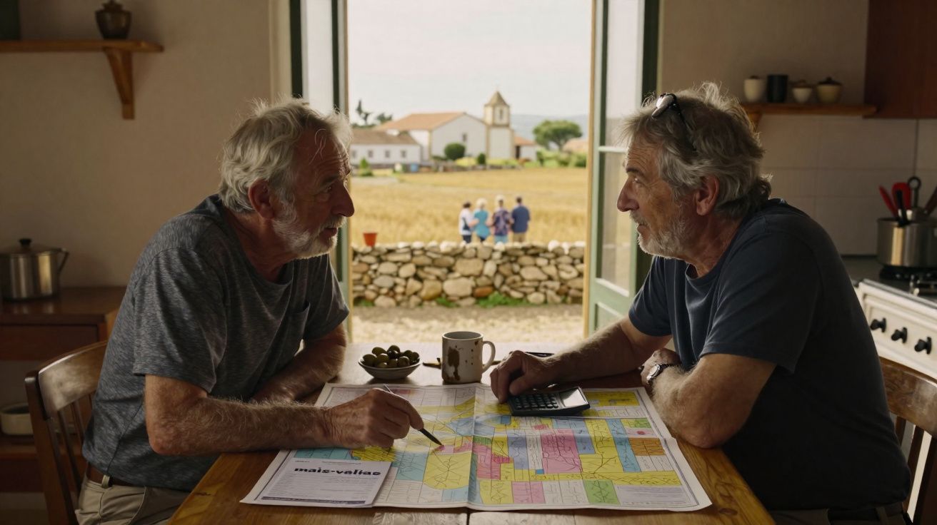Dois homens idosos conversam e analisam um mapa numa mesa de cozinha, com campo e pessoas ao fundo.