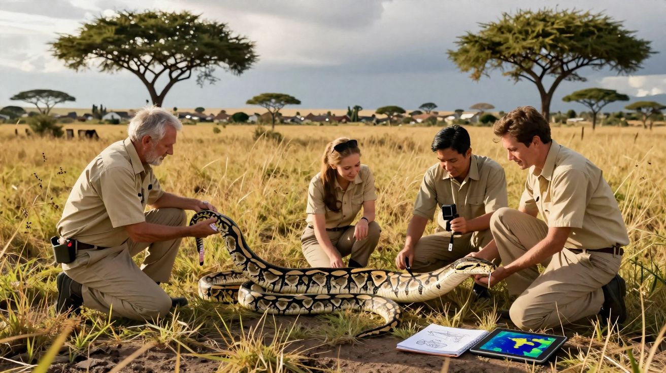 Quatro investigadores em campo seguram e estudam uma grande píton numa savana africana.