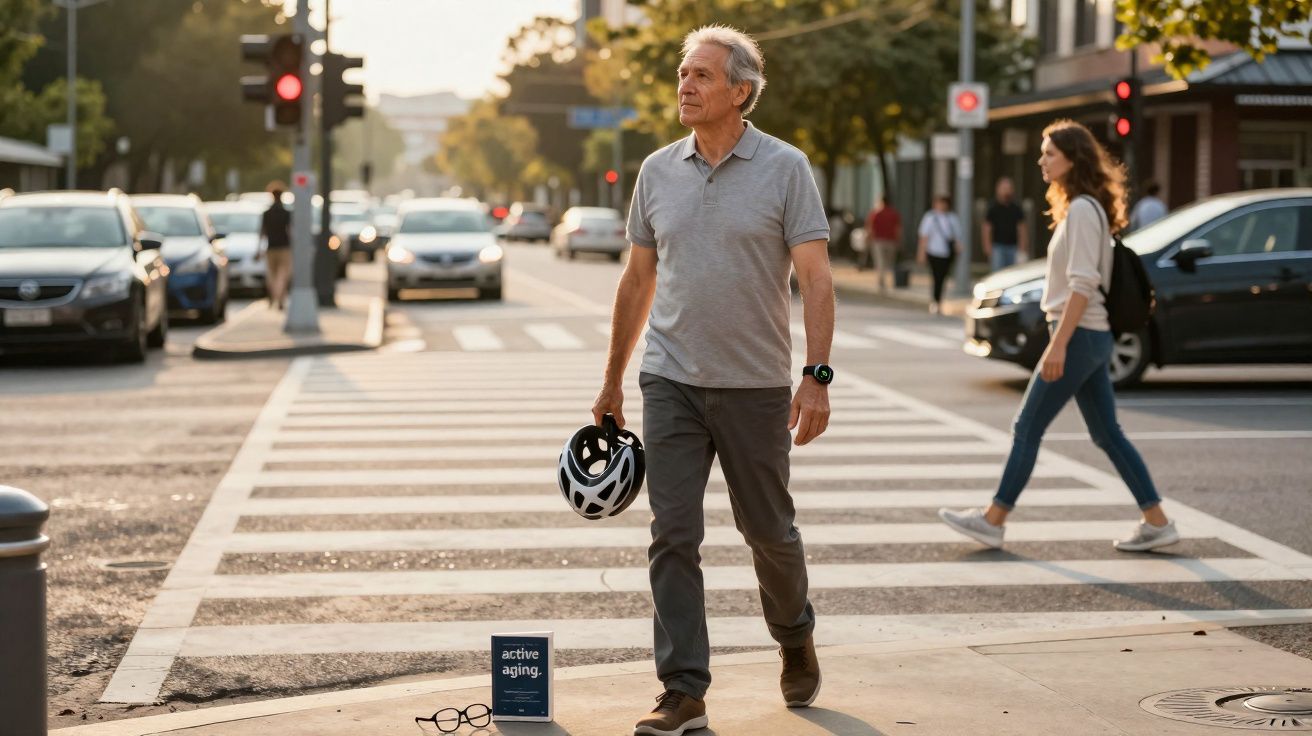 Homem idoso com capacete a atravessar passadeira numa rua movimentada ao pôr do sol.
