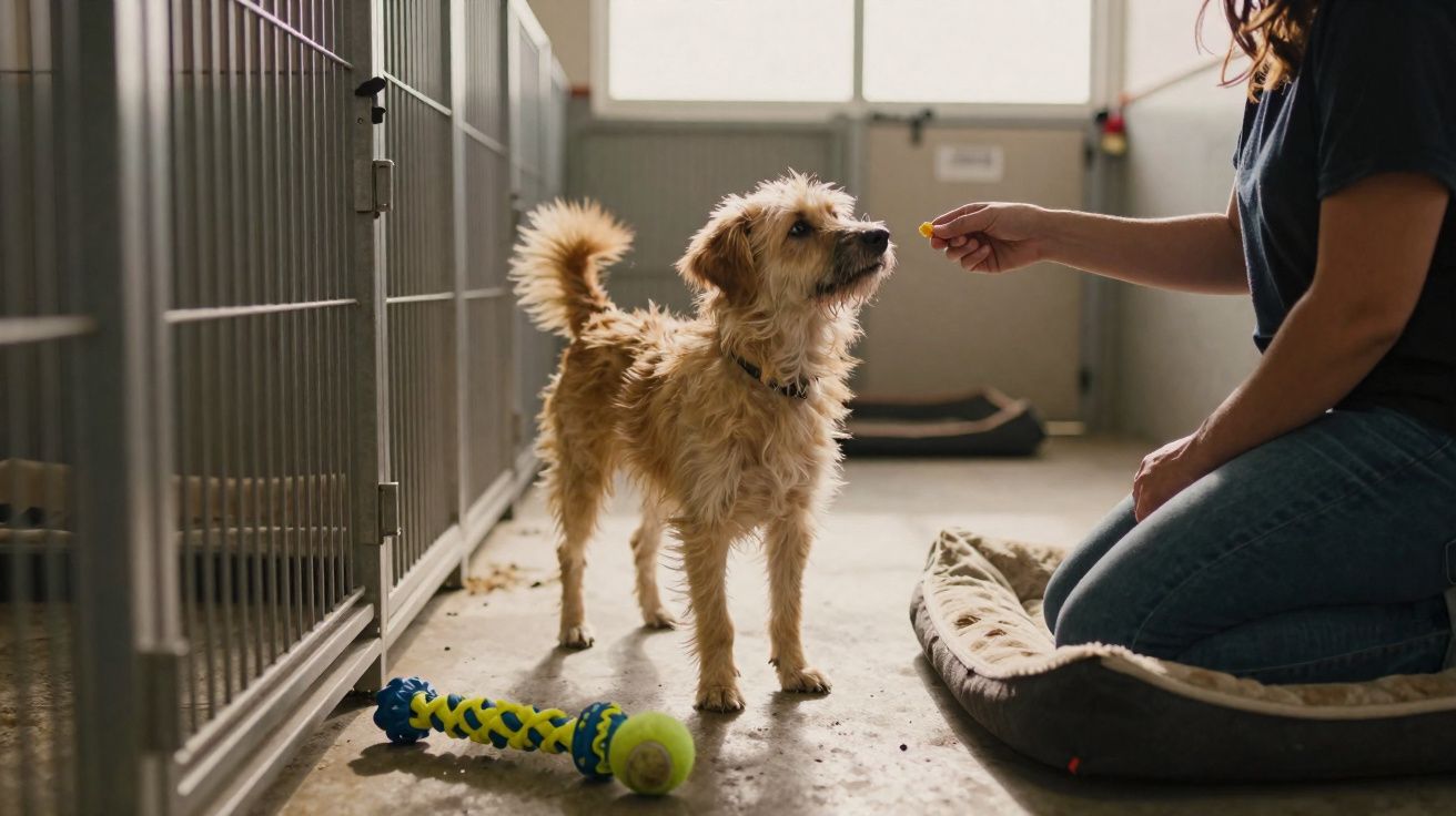 Cão de pelo encaracolado num canil a receber um petisco de uma pessoa de joelhos.