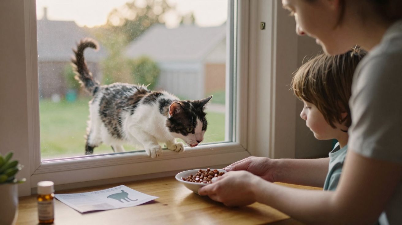 Criança e mulher alimentam um gato numa janela, com prato de ração e ambiente doméstico ao fundo.