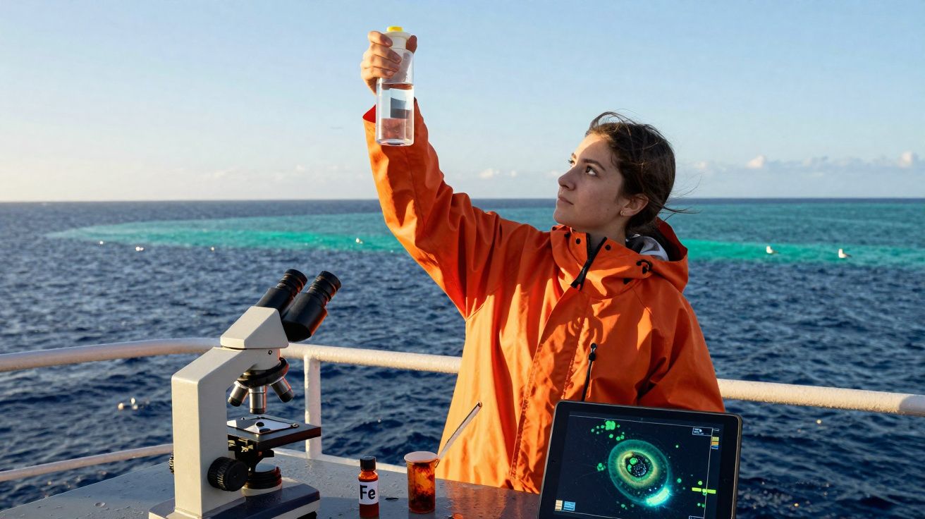 Investigadora em fato laranja analisa amostra de água no convés de um barco rodeado pelo mar.
