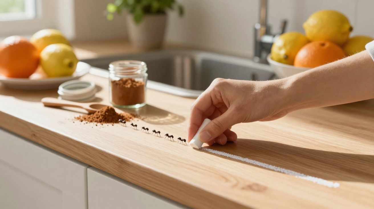 Mão a traçar linha de pó branco no balcão de cozinha com formigas a seguirem-na e frutos no fundo.