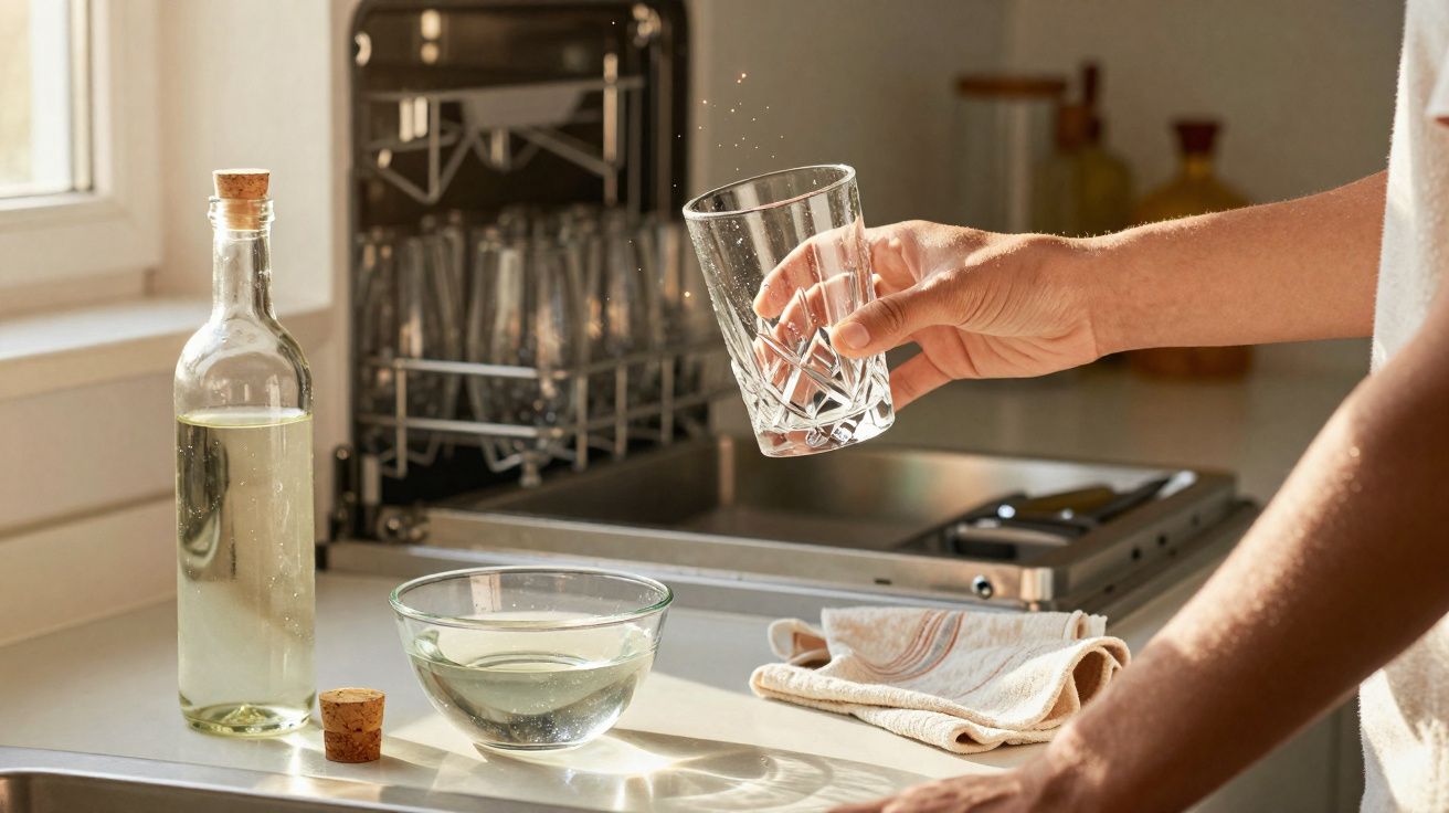 Pessoa a lavar um copo de vidro numa cozinha iluminada pelo sol, com garrafa e taça na bancada.