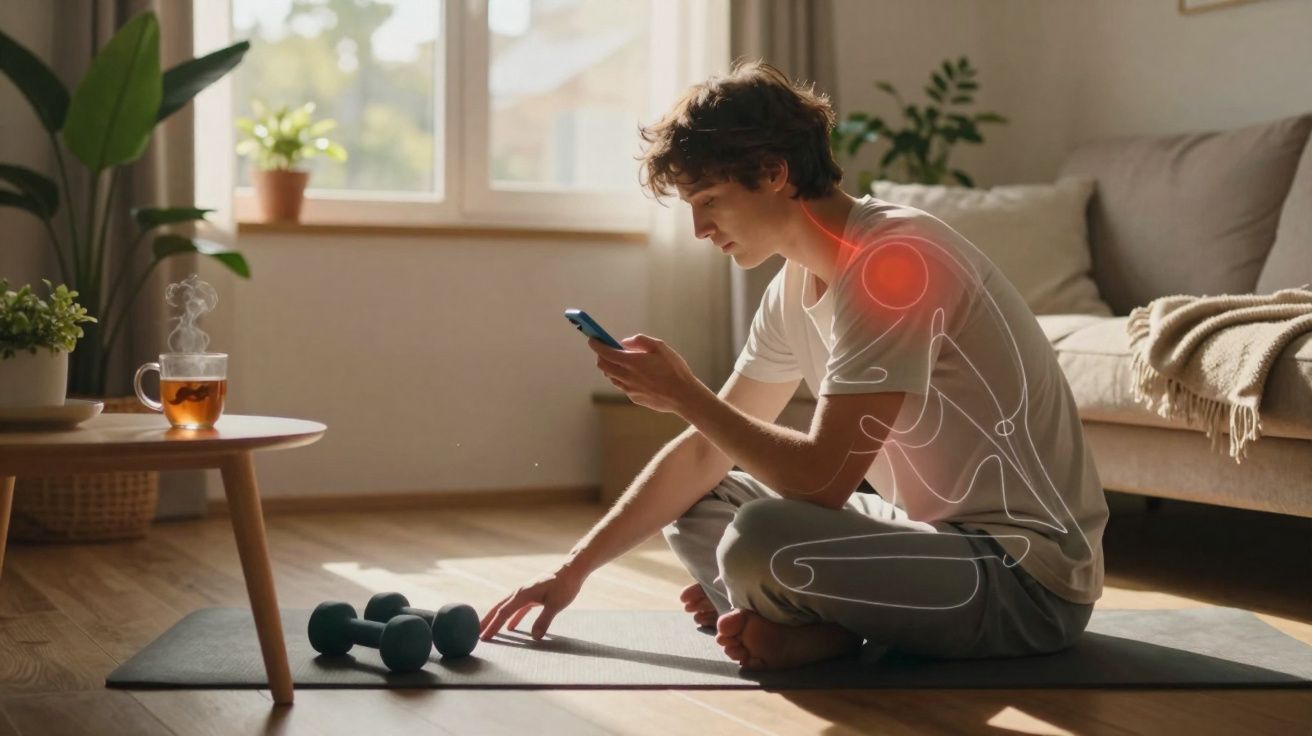 Jovem sentado no tapete, a olhar para o telemóvel, com dor visível no ombro direito e halteres ao lado.