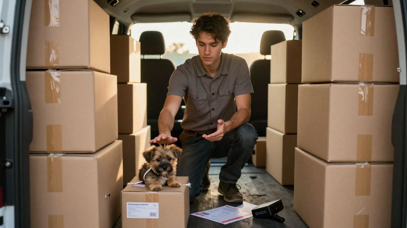 Jovem a acariciar cão pequeno enquanto organiza caixas numa carrinha de entregas.