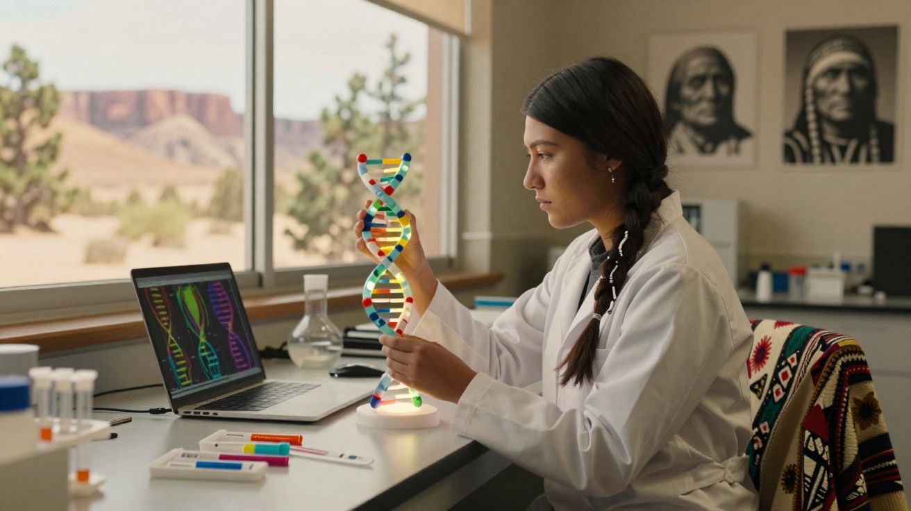 Mulher cientista em bata branca analisa modelo de DNA colorido num laboratório com janela grande.