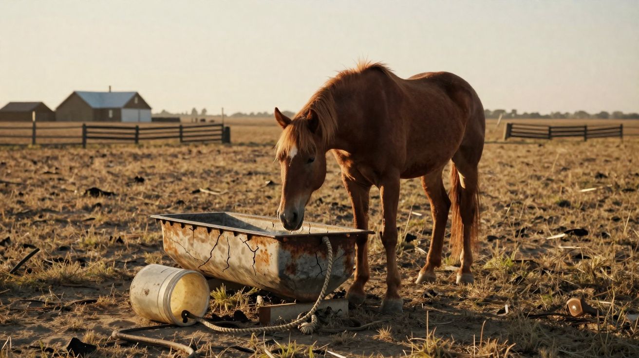 Cavalo castanho bebe água de uma tina velha e enferrujada numa terra seca com casa e cercas ao fundo.